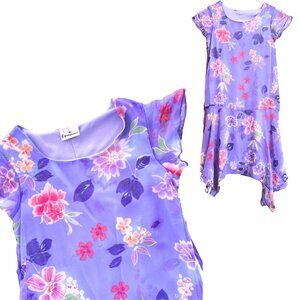 Girls Purple Floral Chiffon Dress Fairycore Cottagecore Spring Midi Sz 10-12
